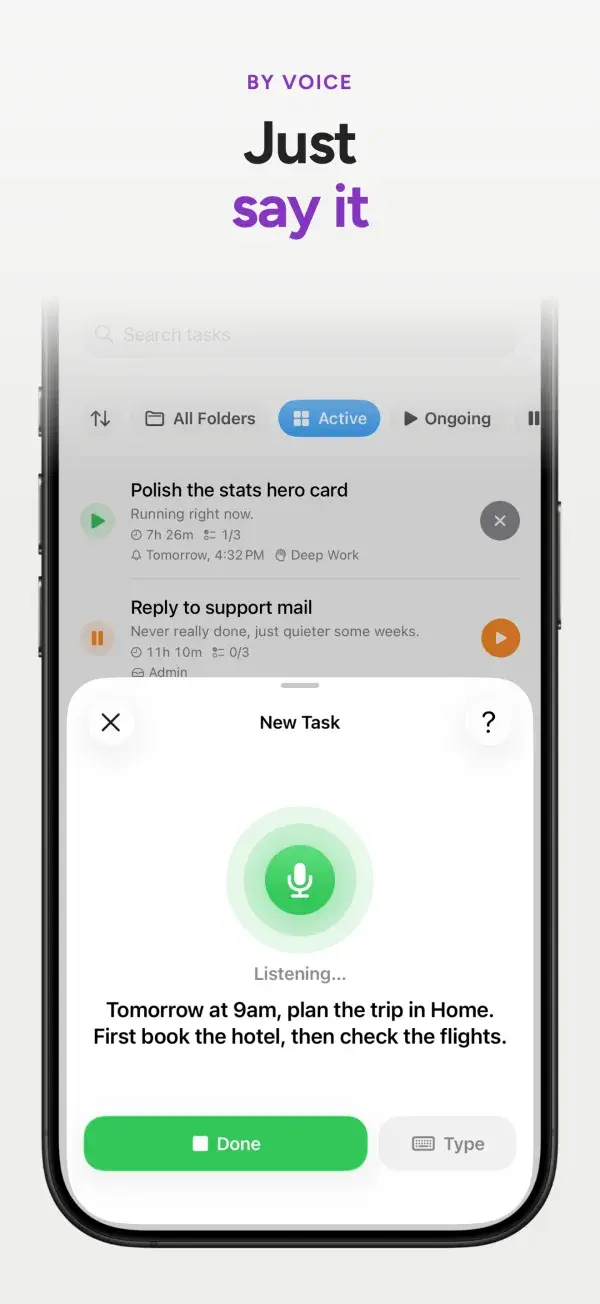 Don't Forget screen: Just say it: add tasks by voice