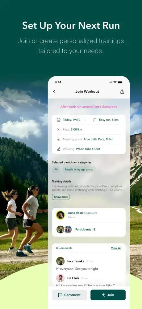 Schermata di Tribe: Organizza o partecipa ad allenamenti
